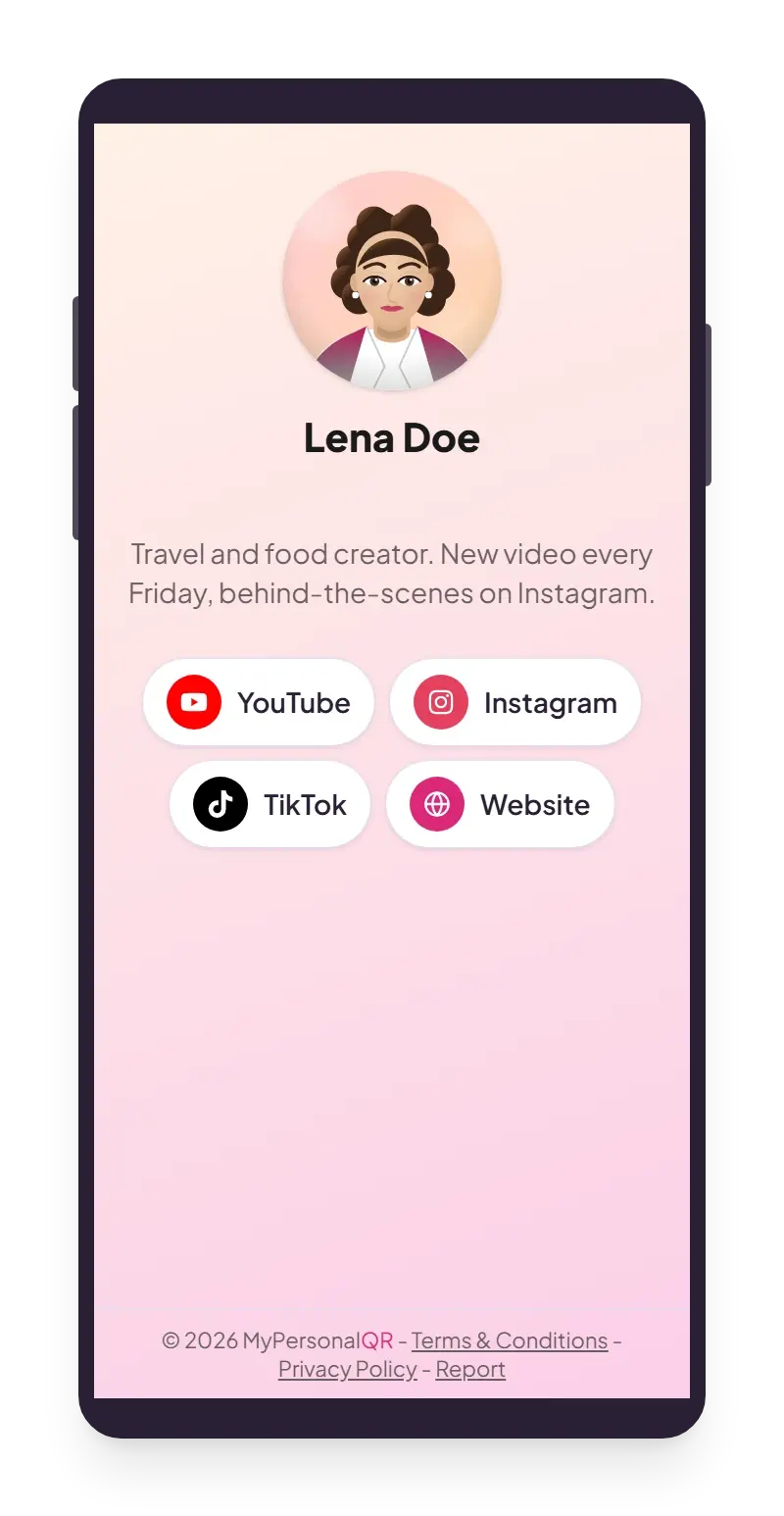 A sunset gradient link page with a profile photo and social buttons